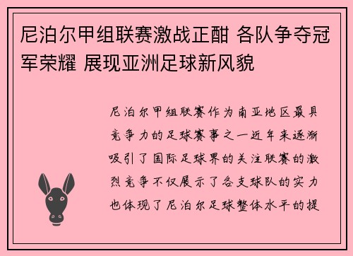 尼泊尔甲组联赛激战正酣 各队争夺冠军荣耀 展现亚洲足球新风貌